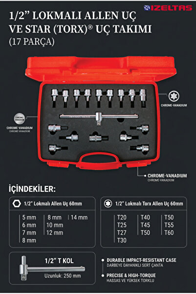 İzeltaş 1/2" 17 Parça Lokmalı Allen ve Torx Anahtar Takımı