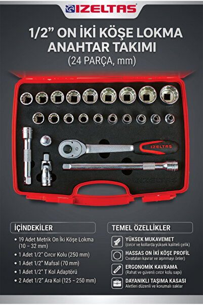İzeltaş 1/2" 24 Parça On İki Köşe Lokma Anahtar Takımı