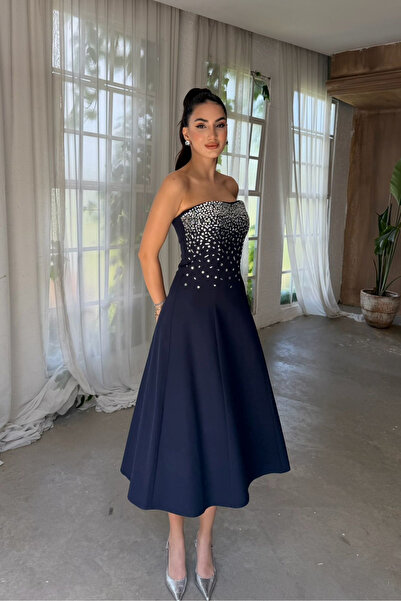Sindimoda Sezay Taş İşleme Straplez Midi Elbise 1019