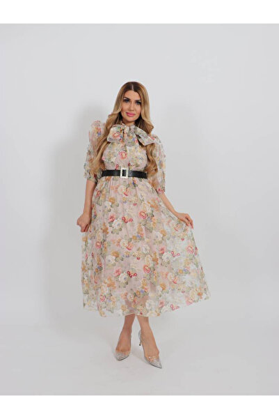 FIRST STYLE فستان اورجانزا ميدي أنيق بلون بيج بتصميم مورد