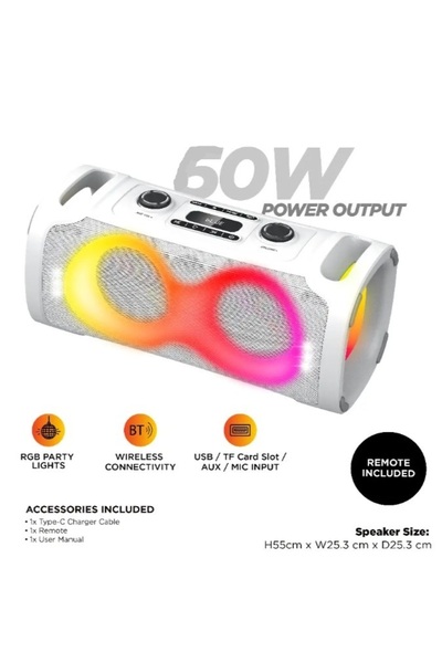 DLC 60W Portable Bluetooth Speaker with Rgb Light, Usb-C, Optical White Grey