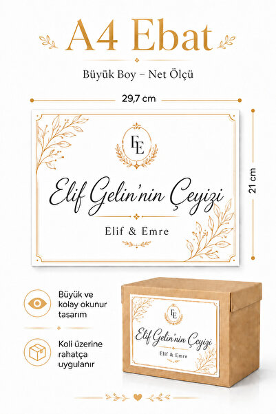 cabuk baskı İsme Özel Çeyiz Koli Etiketi 10 Adet A4 Minimal Sarı Yapraklı Yatay Gelin Çeyizi Sticker