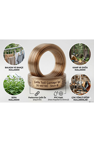 EMİRHANNALBUR Çelik Telli Çamaşır İpi 3 mm 20 Metre - PVC Kaplı Paslanmaz Day...