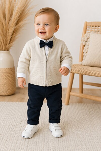 Pure Boutique Elegant baby boy 4-piece suit with navy blue pants and bow tie