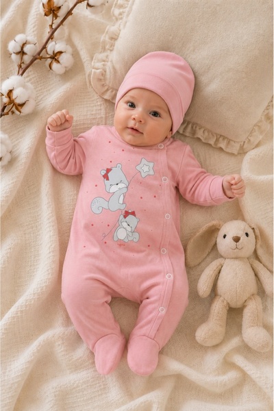 Pure Boutique Salopeta bebe roz din bumbac cu caciulita si imprimeu ursuleti ...