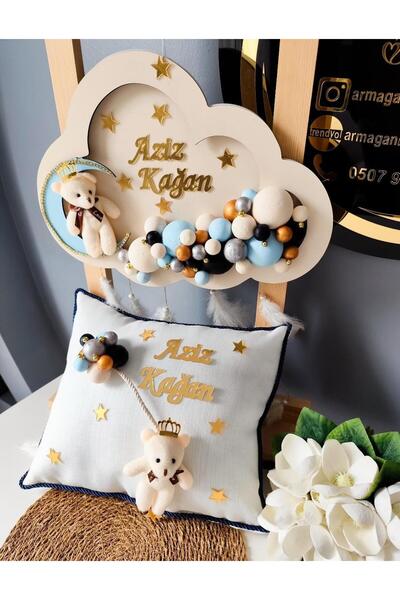 Sevil Tasarım Lacivert-Krem-Gold Ledli Bubble Bulut Kapı Süsü & Takı Yastığı ...