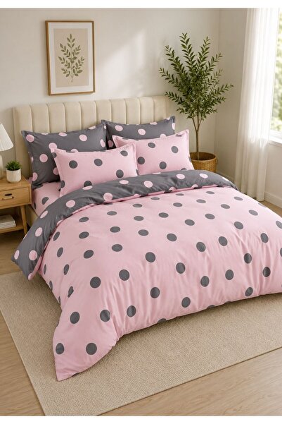 ELEGANZA Finet Duvet Cover Set 6 pieces - gray circles pattern on pink backgr...