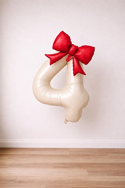 Patladı Gitti Red Bow & Cream 4 Number Foil Balloon Set