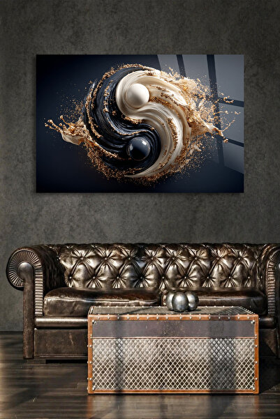 TAULART Yin Yang Design Modern Spiritual Wall Decor Black Gold Unbreakable Gl...