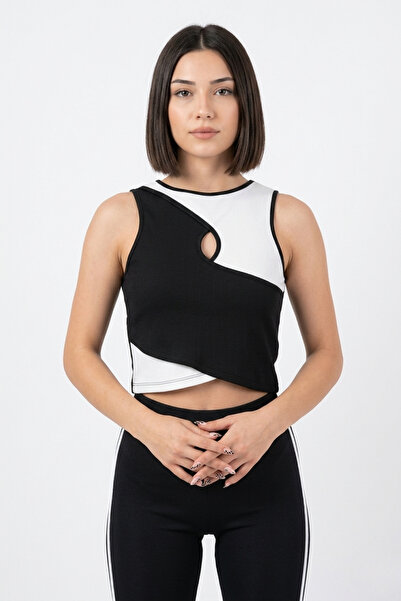 mrm pro Women's Black and White Detailed Design Crop Tank Top Non-Marking Str...