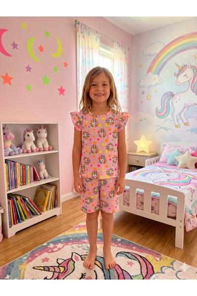deve kids Kız Çocuk Pamuklu Yazlık İnce Kumaş Pembe Renk Unicorn Desenli Kısa...