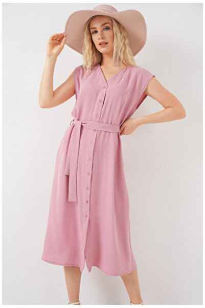 MİDİ DRESS WITH LINEN BUTTON