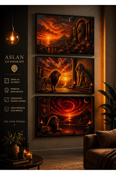 Çerçevesiz Aslan Temalı 3’lü Duvar Poster Seti
