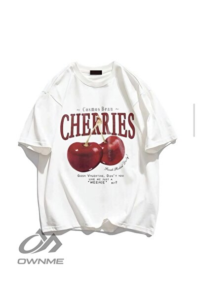 OWNME Tricou alb unisex model oversize cu imprimeu Red Cherries