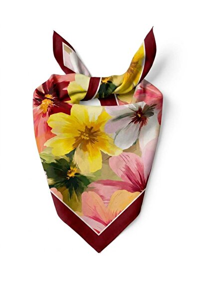 Alse Butik Bordo Büyük Çiçek Desenli Soft Pamuk Fular (50X50 cm)
