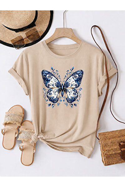 Trend Sizde Μπλουζάκι Unisex σε μπεζ έθνικ χρώμα με στάμπα πεταλούδας και λαι...