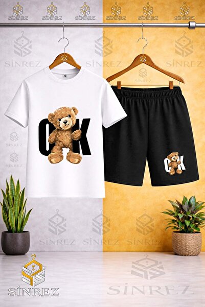 SİNREZ Crew Neck Kids' Bear Arrow Black Printed T-Shirt - Shorts Set