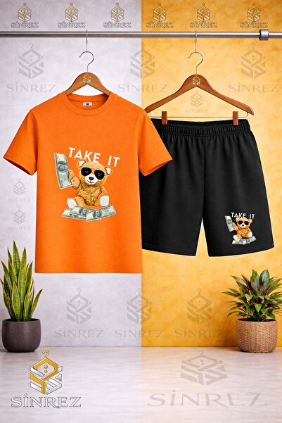 SİNREZ Crew Neck Ayicik Take It White Printed T-Shirt - Shorts Set