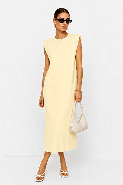 kikiriktekstil 10792 Women's Shoulder Padded Midi Length Combed Cotton Dress