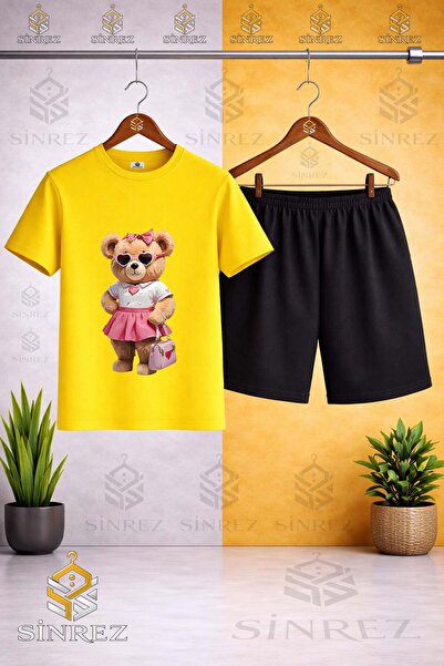 SİNREZ Tricou cu imprimeu CANTA cu decolteu rotund și fustă roz ursuleț - Set...