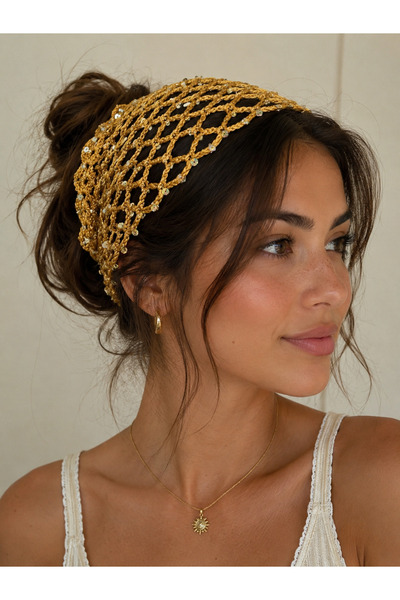 lunera Gold Pullu Ajurlu Bandana %100 Pamuk Sim Detaylı Saç Bandanası 50 x 21 cm