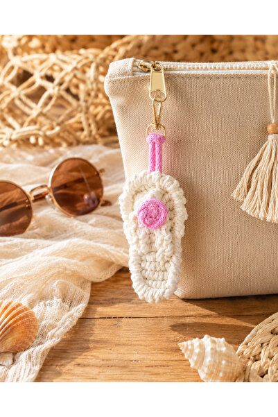MİAKA Handmade El Yapımı Makrome Terlik Anahtarlık, Pembe Detaylı Bohem Plaj ...