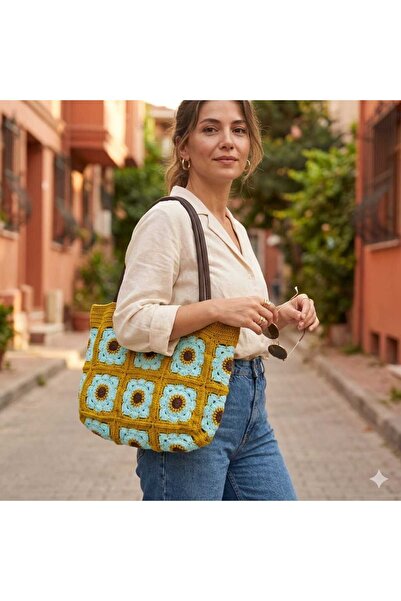 Deri Askılı El Örgüsü Motifli Çanta - Retro Ayçiçeği Desenli Şık Hobo Çanta