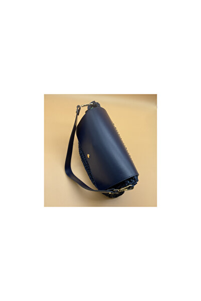 CHIC Dark Blue Silvery Covered Macrome Knitted Linered Shoulder Bag