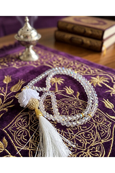 Muhtelif Bijuteri 99-Piece Crystal Glass Prayer Beads - White Rose Gold Detai...