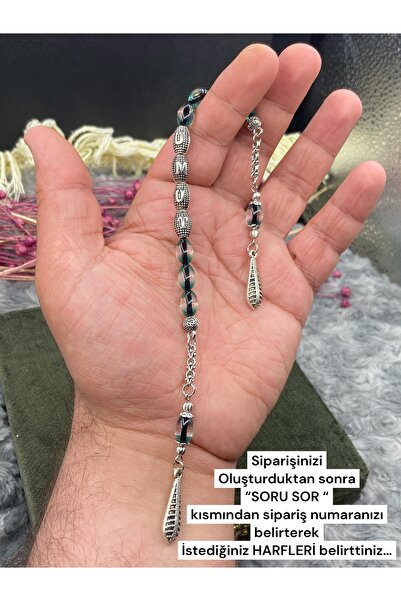 Kttesbihaksesuar YEŞİL ŞEFFAF SÜRMELİ TOZ KEHRİBAR İSİMLİ ZAZA TESBİH GÜMÜŞ K...