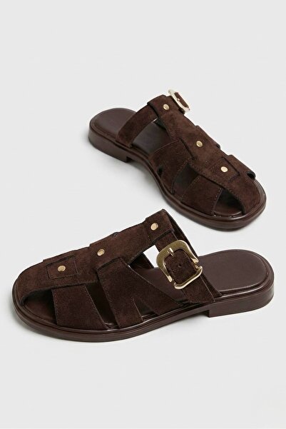 simplicity Papuci maro din piele intoarsa pentru femei - Papuci Gladiator cu ...