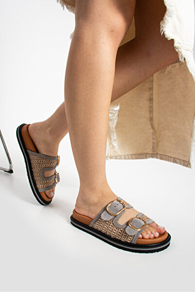 Bermody Klein Leather Women's Straw Weave Double Buckle Smoked - Gray Slippers