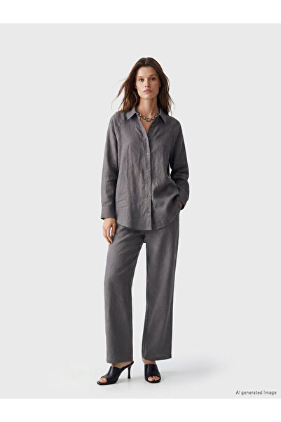 LC Waikiki Gray Elastic Waist Women's Linen Trousers