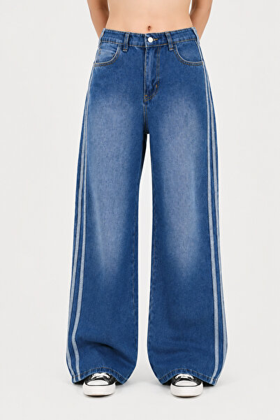 None Wear Mavi Yıkamalı Yan Şeritli Oversize Baggy Jean Y2K Wide Leg Pantolon