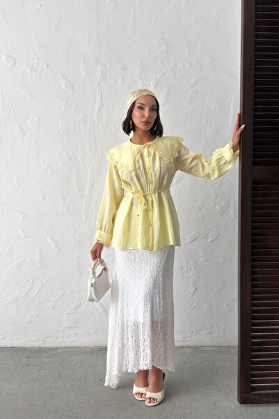 Lusin Women's Summer Yellow Vintage Doll Collar Lace Belted Summer Long Sleev...