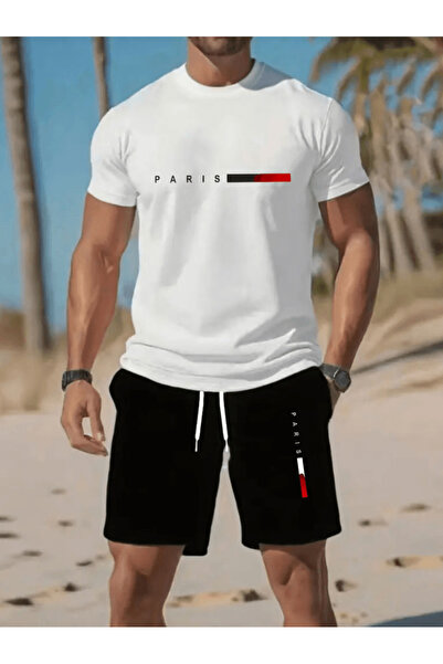 one button Yatay Paris Baskılı Kadın Premium Oversize Alt Üst Takım T-shirt V...