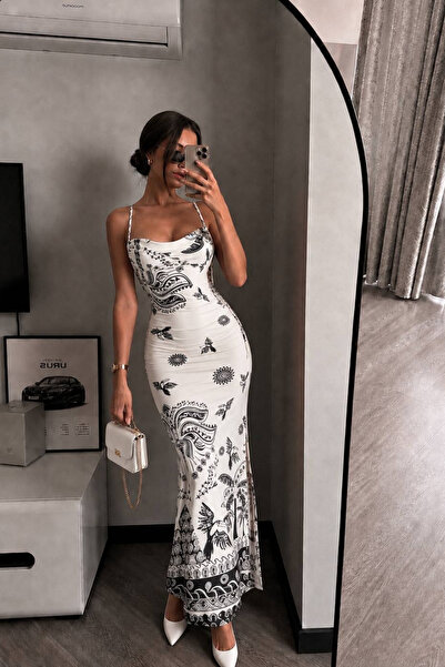 Afitapbutikmoda Ayarlanabilir İp Askılı Yırtmaçlı Sırt Dekolteli Uzun Elbise