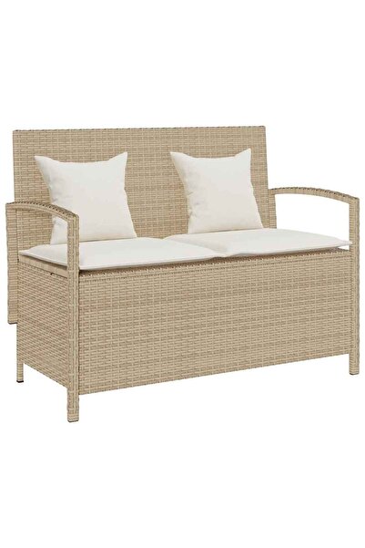 vidaxl Beige Polyrattan Garden Storage Bench with Pillow