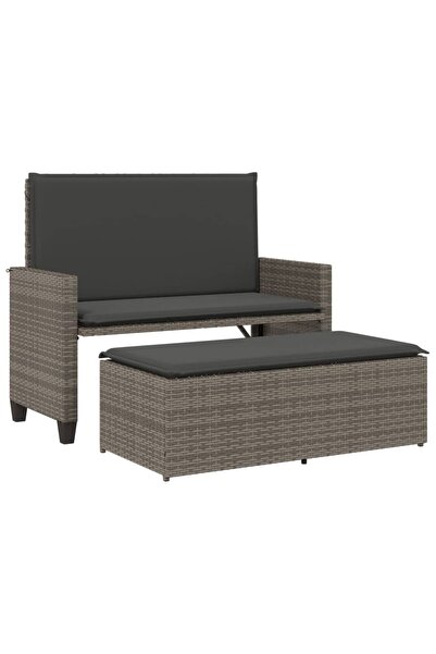 vidaxl Garden bench with cushions and stool, grey, polyrattan