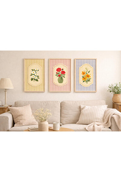 Tuba Decor Set de picturi pentru sufragerie cu rame din lemn, 3 piese, flori ...