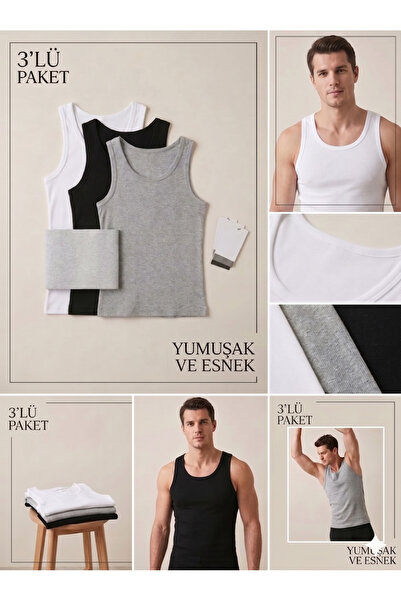 BLACK SWALLOW Erkek 3'lü Paket %100 Pamuklu Penye Atlet Siyah-Gri-Beyaz Renk