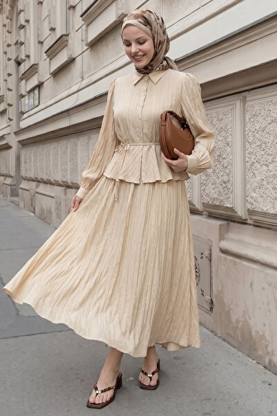 InStyle Beige Suit with Lace-Up Shirt and Skirt