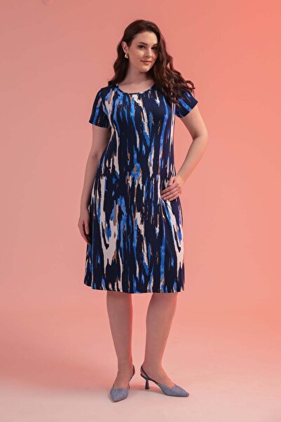 Madwilo Women's Navy Blue Beige Abstract Pattern Plus Size Stretchy Midi Dress
