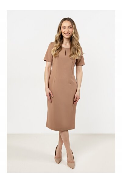 Awama Rochie tip camasa A706, poliester/viscoza/elastan, maro, S INTL