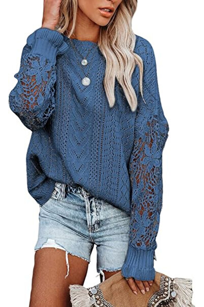 OEM Light blue women's blouse with long lace sleeves, S