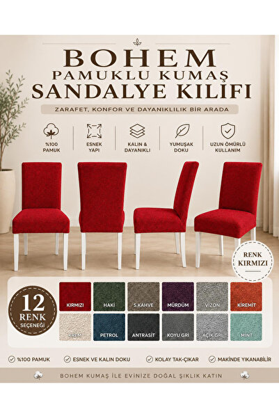 İLYEVTEKSTİLİ Bohem Pamuklu Esnek Standart Sandalye Kılıfı, Yıkanabilir, Doku...