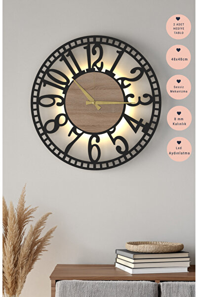 LUPOKRAFT Işıklı Ledli Modern Ahşap Duvar Saati 48 cm Dekoratif - Sessiz Meka...
