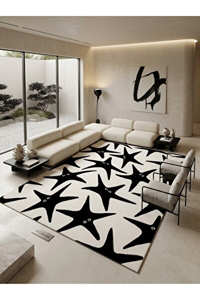 Rugs Modern Halı SDT Siyah Yıldız Figürlü Minimalist Eskiz Tarzı Beyaz Dokuma...