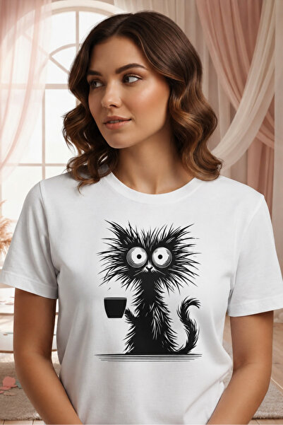 VODEXA Tricou oversize unisex cu imprimeu CAT DRINKING COFFEE, 100% bumbac, c...