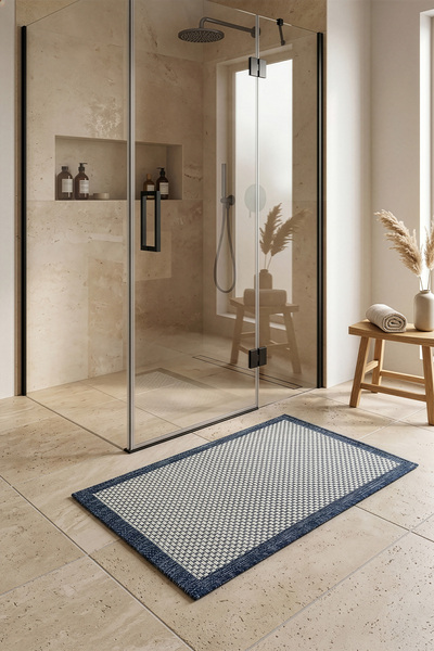 Koza Halı Fresco Ecru Navy Blue Washable Bordered Bath Mat 23745P
